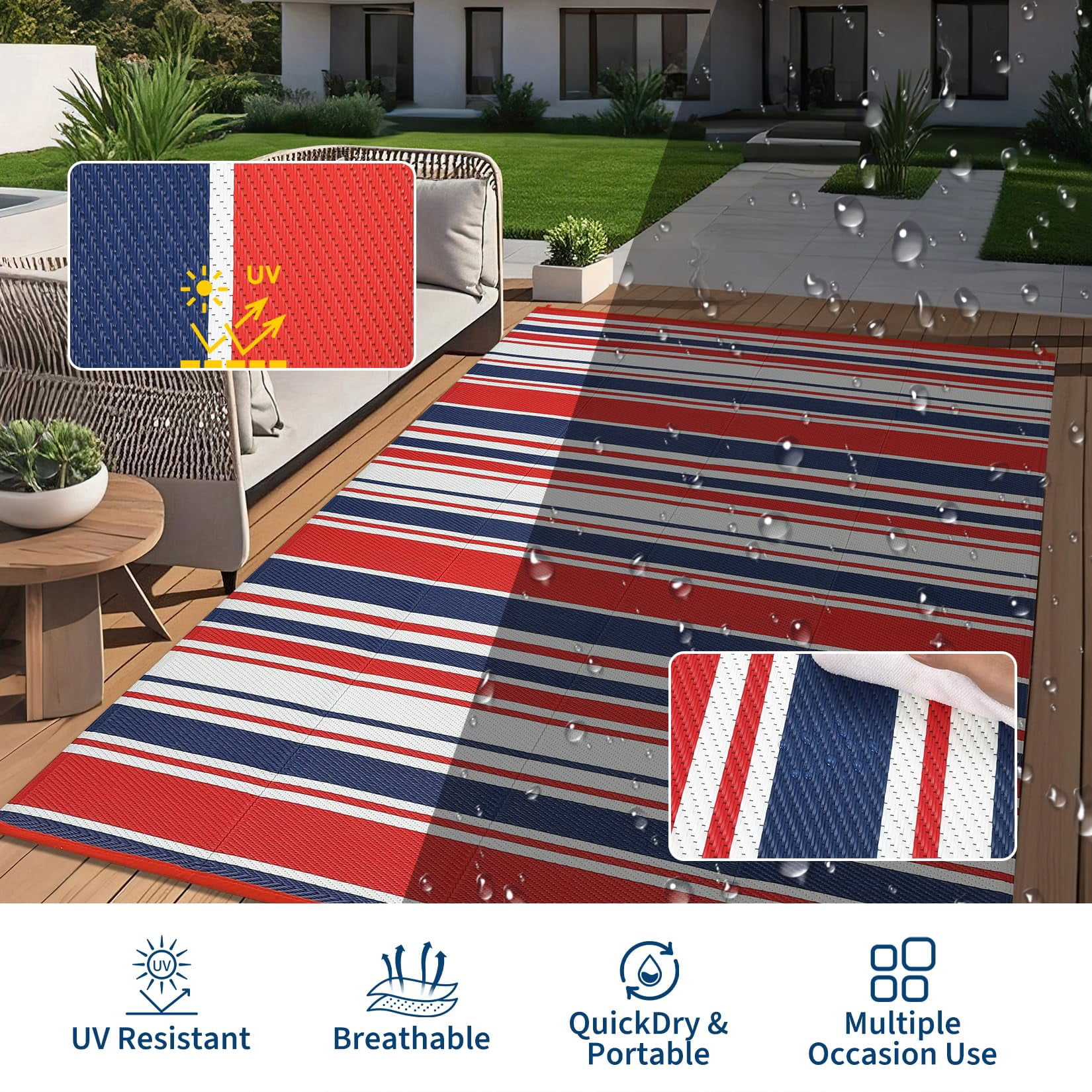 Danolapsi Outdoor Rug Mat for Patio,8x10 Plastic Straw Rug,Waterproof Plastic Straw Mats,Modern Striped Outdoor Camping Rugs for Patio,RV,Porch, Deck,Backyard,Balcony,Camping,Trailer