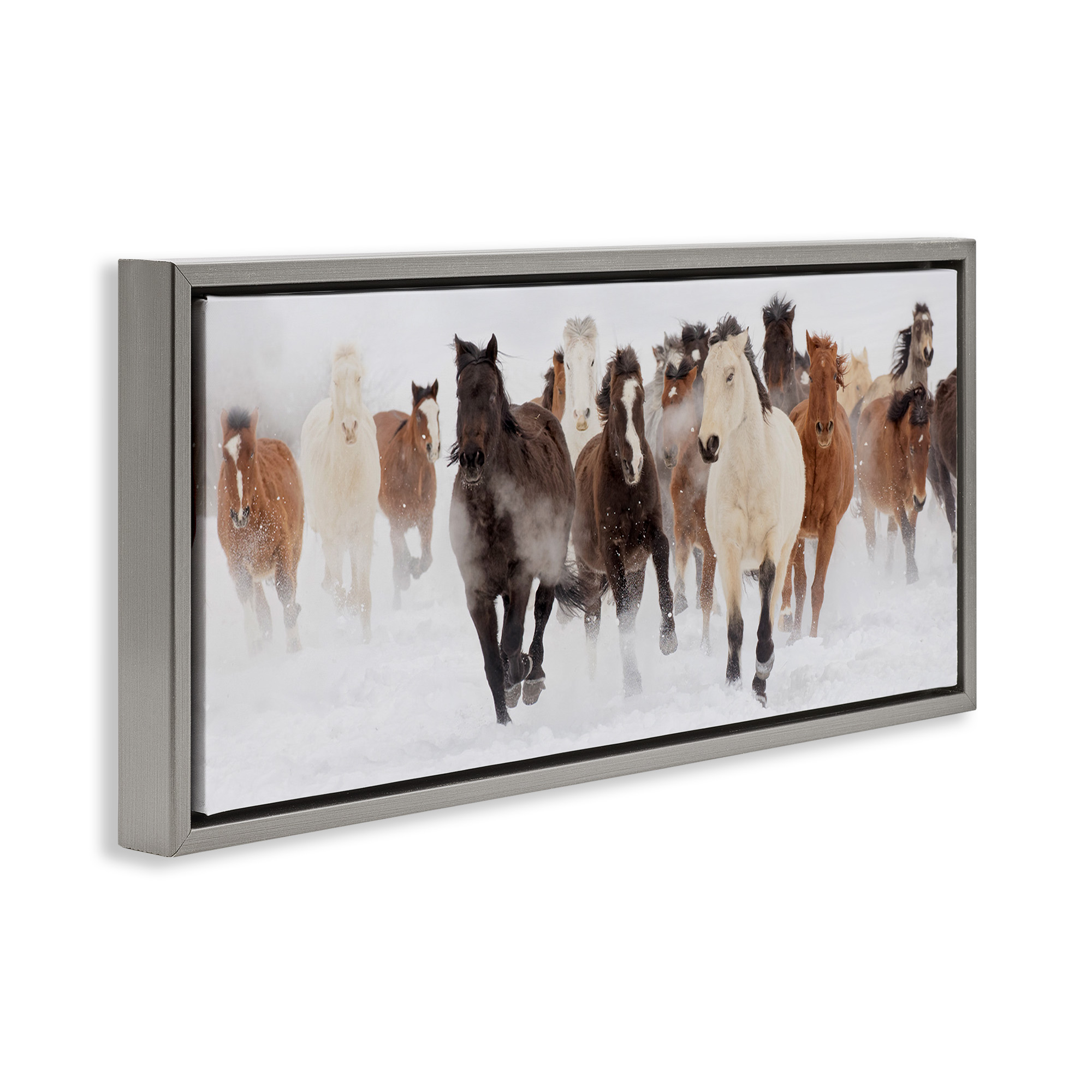 Stupell Industries Wild Horses Herd Foggy Winter Animals & Insects Painting Gray Floater Framed Canvas Art Print Wall Art, 25 x 11