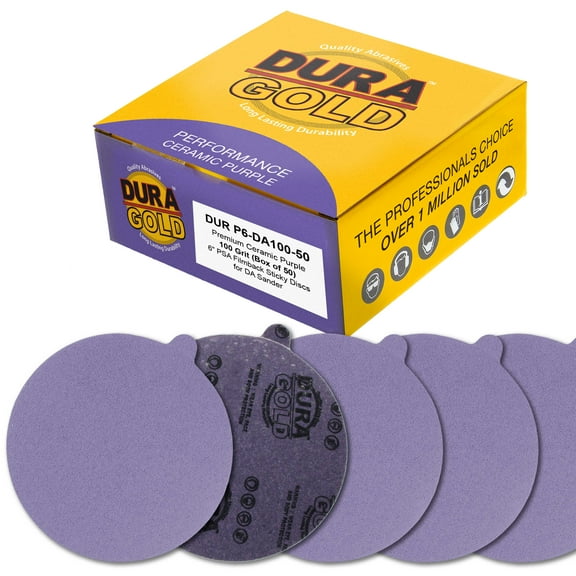 Dura-Gold Premium 100 Grit 6" PSA Purple Film Ceramic Sanding Discs, Box of 50 - Self Adhesive Stickyback Sandpaper for DA & Random Orbital Sanders - Abrasive Sand Auto Paint, Metal, Wood, Woodworking