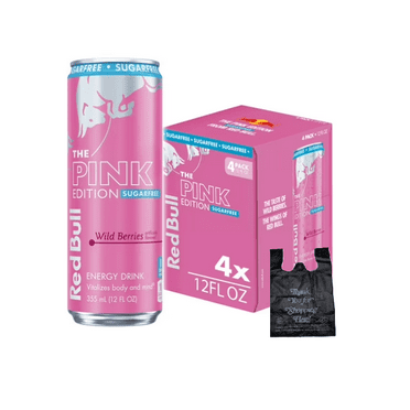 Red Bull Pink Edition Sugar Free Energy Drink, Wild Berries, 12 fl. oz., Pack of 4 cans, with 80mg Caffeine, Taurine & B Vitamins   Free Demaya Reusable Bag
