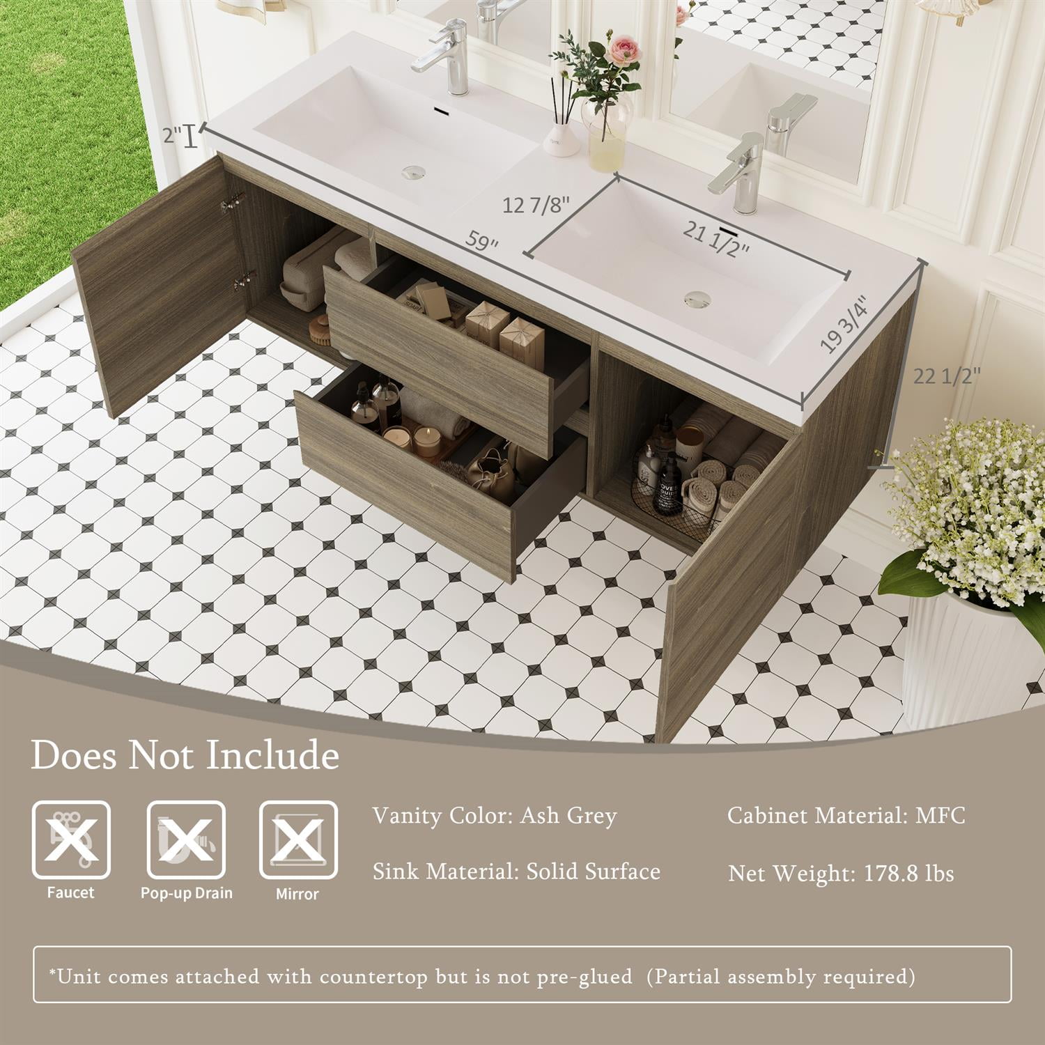 Demi Bonn 60" Floating Bathroom Vanity with Sink, Double Resin Top Basin and 2 Soft Close Drawers, 2 Storage Cabinet, Faucets and Drains Not Included, Gray