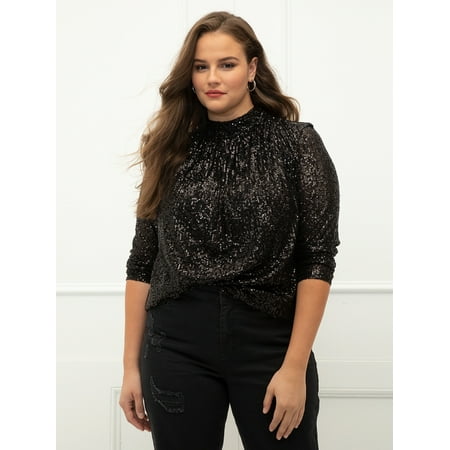 ELOQUII Elements Plus Size Open Cowl Back Sequin Top