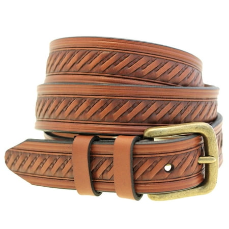 Embossed Brass Buckle - 1 3/8 Medium Brown English Bridle Leather Embossed Belt Antique Brass Buckle