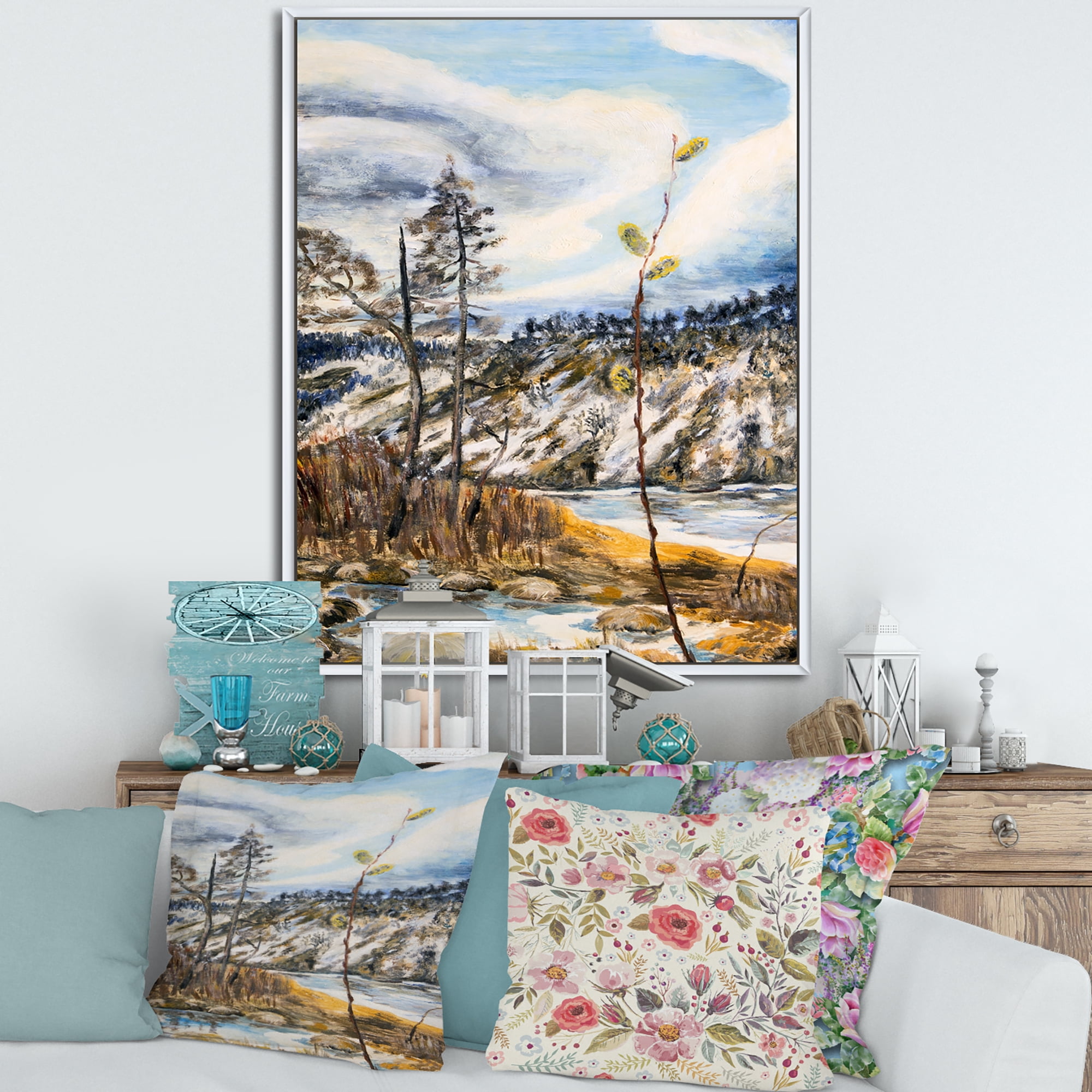 Designart 'The Cloudy Sky and The River With Spring Landscape' Lake House Framed Canvas Wall Art Print