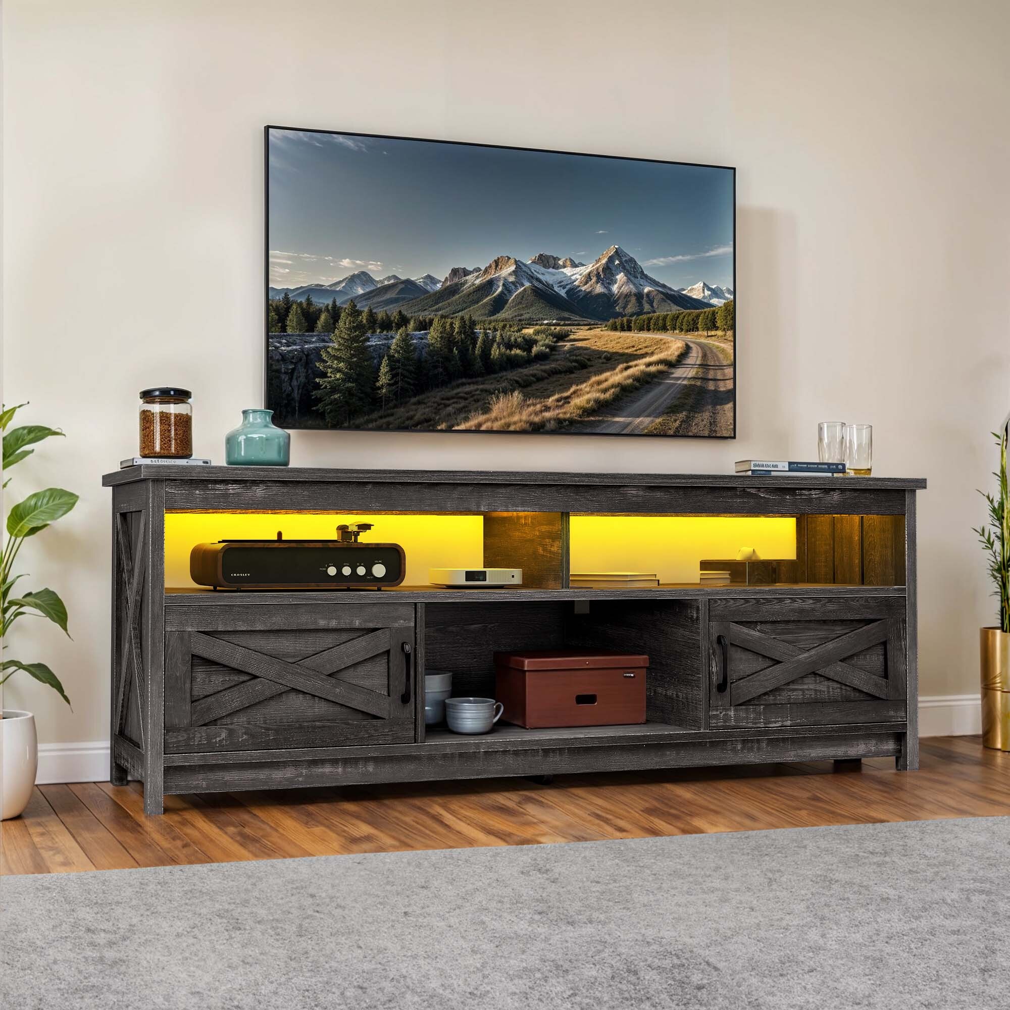Uforic 65 Inch Farmhouse TV Stand Fits 70/75 Inch Flat Screen TV with RGB Ambient Light, Cable Holes, Built-in Power Station & Multi Storage Space for Living Room, Dark Grey