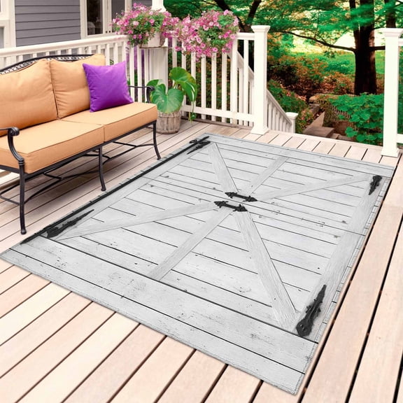 Farmhouse Wood Grain Outdoor Rug 4x6 Ft, Non Slip Washable Area Rug, Vintage Country Barn Gate Grey Patio Rugs Carpet Runner, Large Floor Mat for Indoor/Outdoor Deck Porch Camping