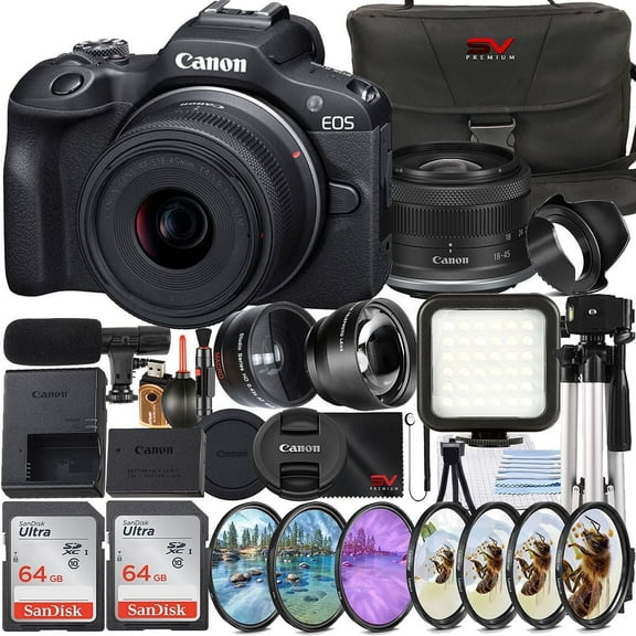 Canon EOS R100 Mirrorless Camera with RF-S 18-45mm Lens   2 Pack SanDisk 64GB Memory Card   Case   LED Flash   SV Premium Accessory Bundle