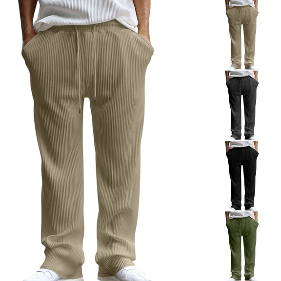 LIaqionyy Men's Corduroy Pants Straight Leg Casual Loose Drawstring Elastic Waist Fall Winter Clothes with Pockets