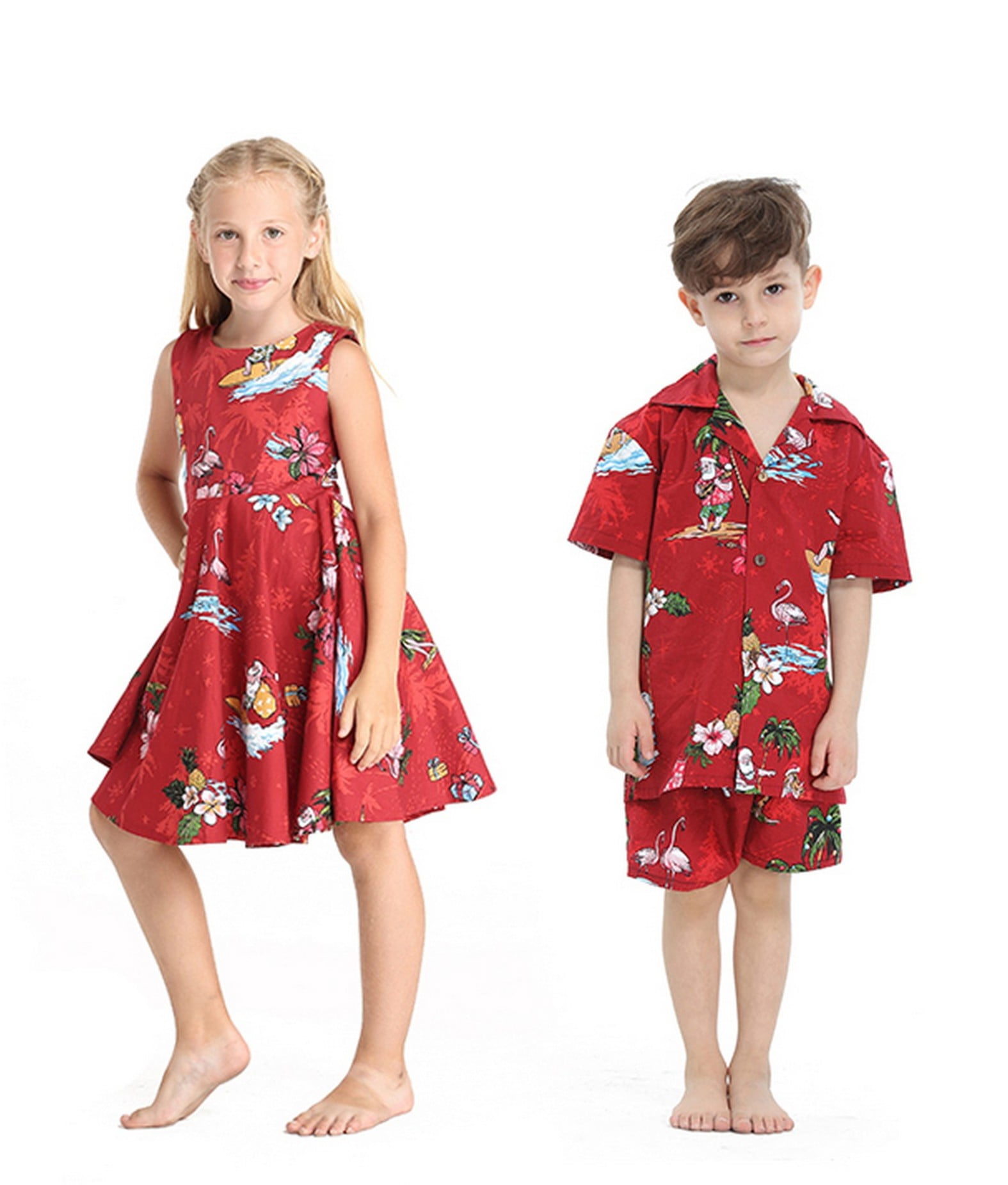 Matching Boy and Girl Siblings Hawaiian Luau Outfits in Blue Palm Houses