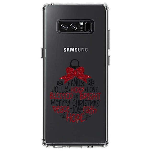DistinctInk Clear Shockproof Hybrid Case for Samsung Galaxy Note 8 - TPU Bumper Acrylic Back Tempered Glass Screen Protector - Christmas Words Ornament Red Glitter Look