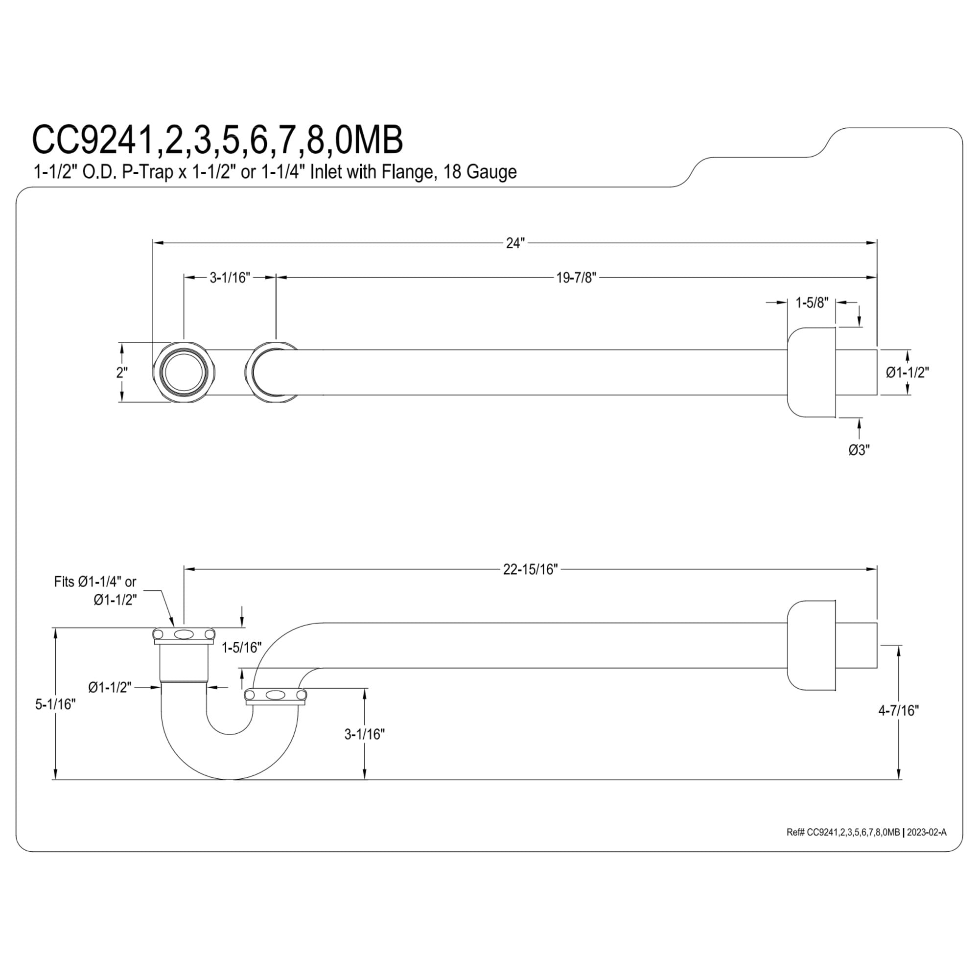 Kingston Brass CC9243 1-1/4" (or 1-1/2") x 1-1/2" P-Trap with Box Flange, 24" Length, 18 Gauge, Antique Brass