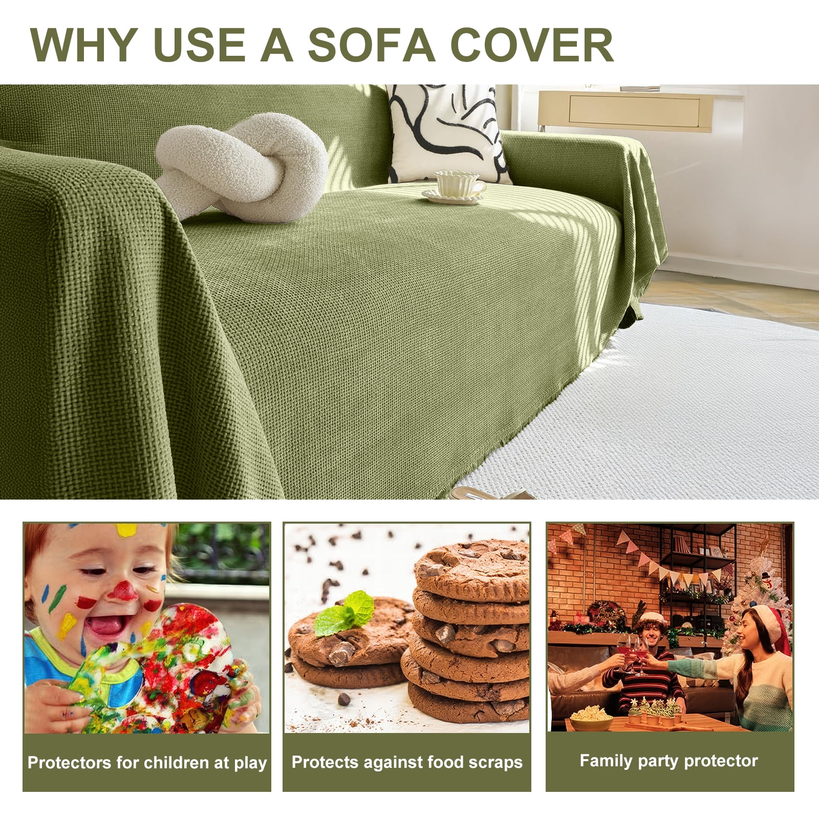 SANMADROLA Sofa Cover Green Chenille Couch Covers, Corduroy Jacquard Non Slip Couch Sofa Cover, Love Seat Couch Covers for 2 Cushion Couch, Furniture Protector for Dogs, Pets, 71"x118"