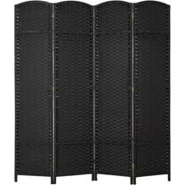 CL.HPAHKL 4 Panel Folding Room Screen 5.57 ft Tall, Wood Mesh Hand-Woven Design Privacy Divider, Waterproof Freestanding Room Partition for Office, Bedroom, Studio Dorm, Black