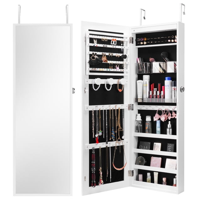 KFFKFF Mirrored Jewelry Storage, 42.52-Inch Height, Secure Jewelry Storage Cabinet with Full-Size Mirror, Can be Wall or Door Mounted, Jewelry Organizer with LED Lights Inside and Velvet Interior