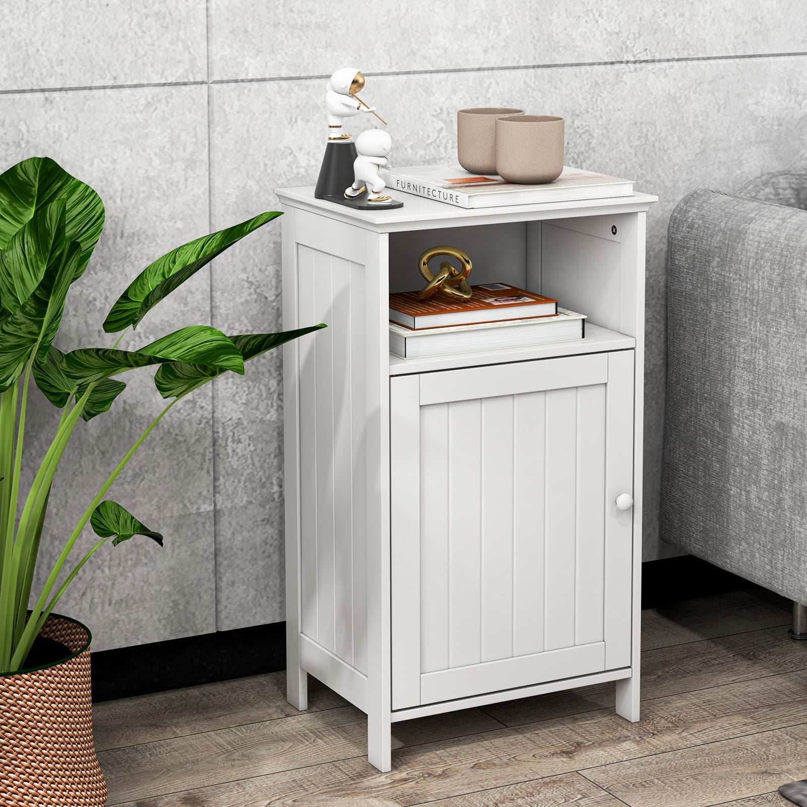 Gymax Bathroom Floor Storage Cabinet Side Table Adjustable Shelf Organize Freestanding