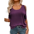 thumbnail image 4 of Langwyqu Summer Solid Color Women Cold Shoulder Women Scoop Neck Casual Blouse Tops, 4 of 5