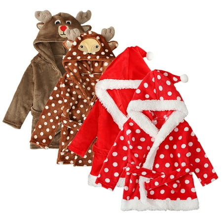 

KYAIGUO Toddler Baby Christmas Bathrobe Withhoodie for Boys Girls Cartoon Robe Soft Fleecepajamas Sleepwear Cotton Bath Towel Soft Fuzzy Beltbathrobe for 9M-4Y