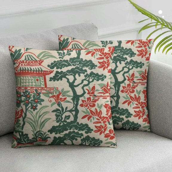 Acheng Chinoiserie Pillow Covers Set of 2 Pagoda Throw Pillow Cover Chic Asian Scenic Green and Burnt Orange Pillowcase Farmhouse Home Decorative Cushion Covers for Sofa Bedroom White