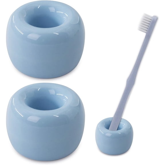 Pack of 2 Creative Toothbrush Holders, Mini Ceramic Handmade Couple Toothbrush Stands, Cosmetic Brush & Pen Holder for Bathroom Dresser Table Writing Desk-Blue