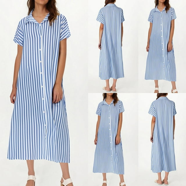 Sentmoon Robes Formelles pour Femmes Collation des Grades Manches Courtes Col à Revers Robes pour Femmes Imprimé à Rayures Respirant Coupe Régulière Robe Athlétique pour Femmes Accessoires de Plage Indispensables