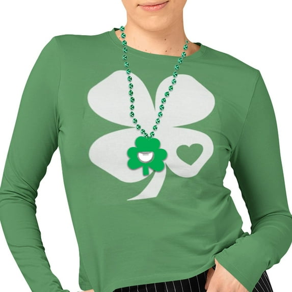 St. Patricks Day Shamrock Heart Green Ladies Long Sleeve T-Shirt with Shamrock Medallion Bottle Opener Combo