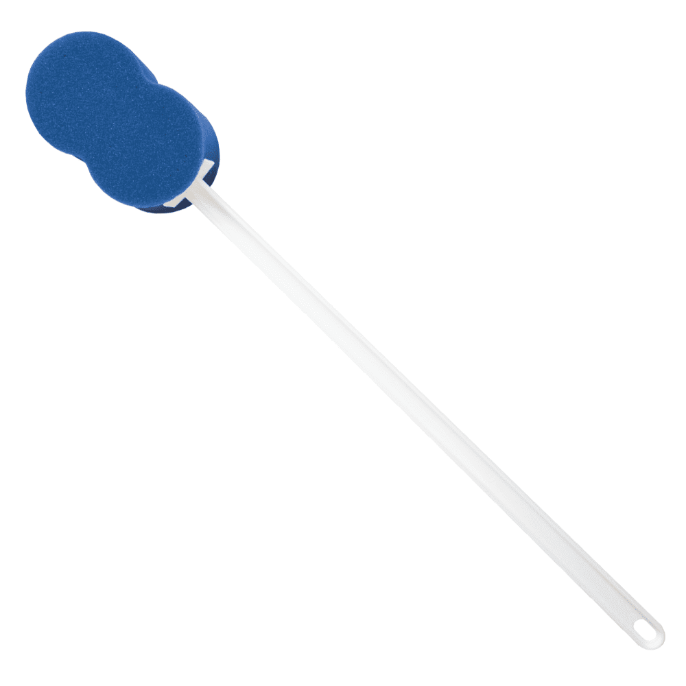 Rehabilitation Advantage Long Handle Bath Sponge – 18" Extra Long Handle with Soft Blue Hourglass Sponge (4.5" x 2") | Personal Hygiene & Mobility Aid for Seniors, Disabled, Limited Reach