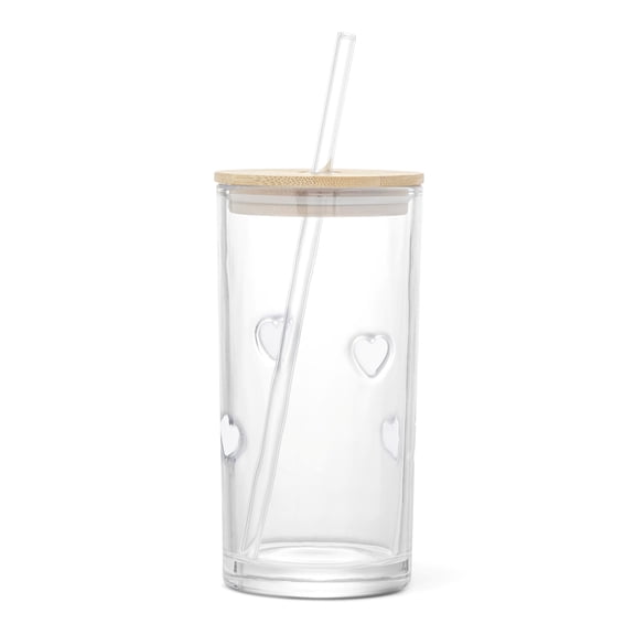 Thyme & Table 16 fl oz White Heart Charm Sipper with Glass Straw and Wood Lid