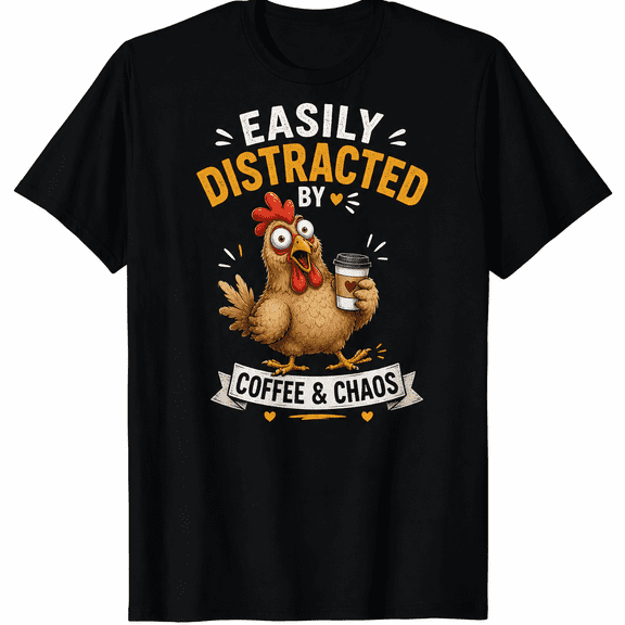 Easily Distracted by Coffee & Chaos Funny Chicken T-Shirt, Humorous Graphic Tee for Women and Men