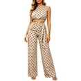thumbnail image 5 of Women 2 Piece Summer Polka Dot Matching Outfit Set, Sleeveless Crop Top Tie Waist High Rise Wide Leg Pants Slim Fit Casual Vacation Tracksuit Khaki XL(XL), 5 of 6
