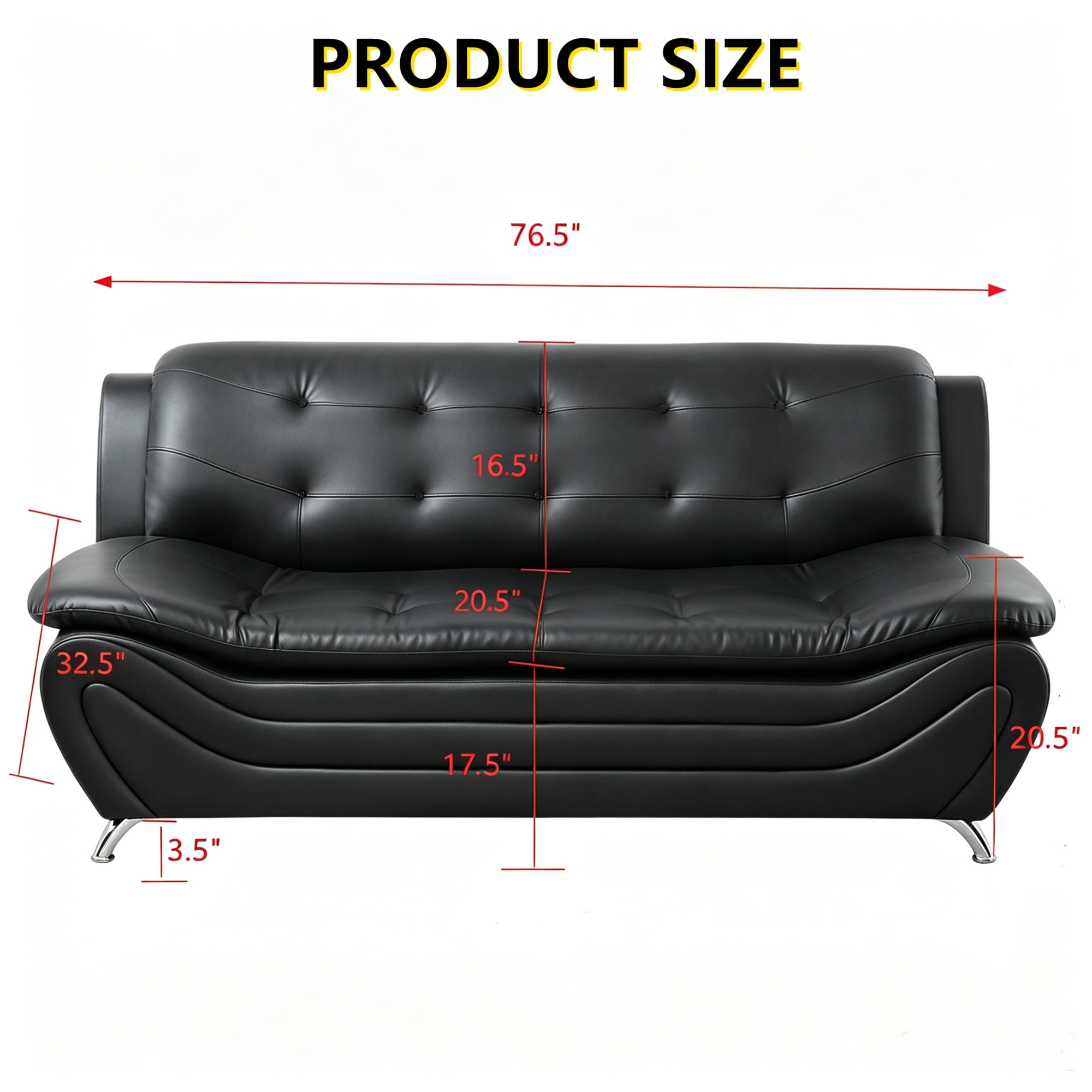 Aukfa 76.5" Upholstered 3 Seat Sofa Couch for Living Room, Leather, Tufted Back, Black