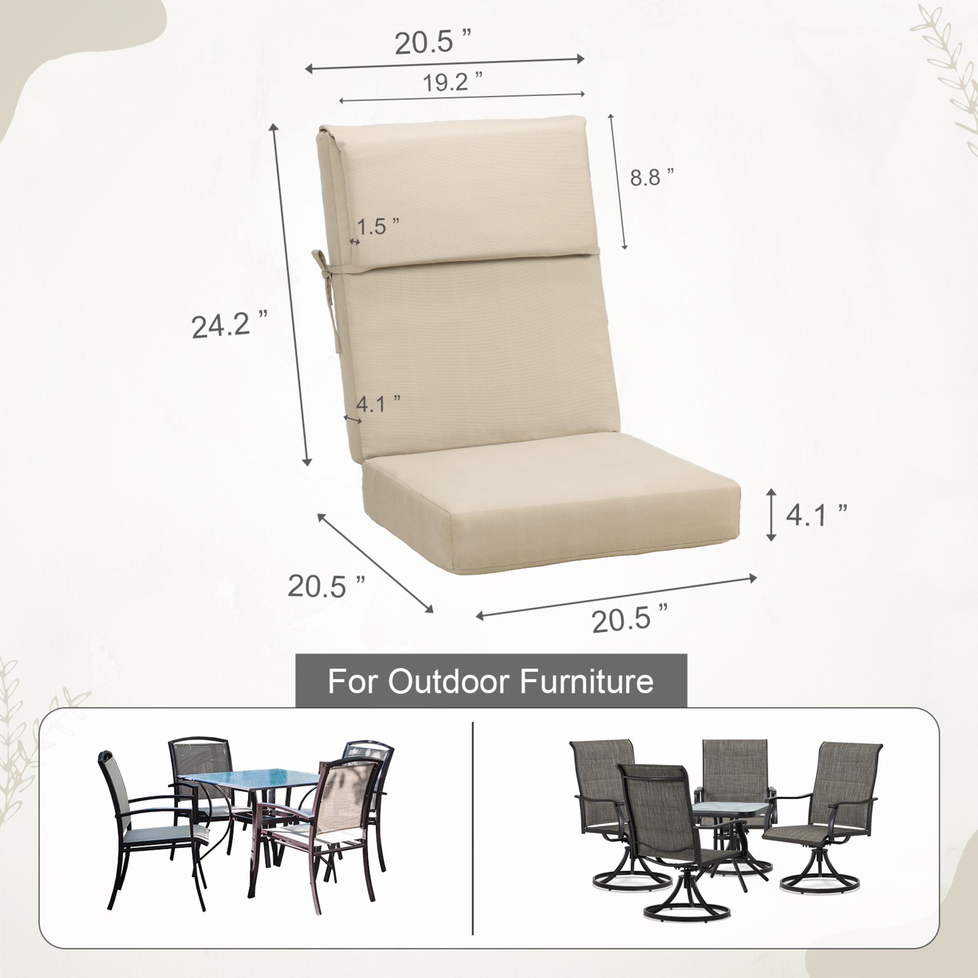 BPS 20" x 20" x 4" Outdoor Chair Cushions Brown High Back Patio Seat