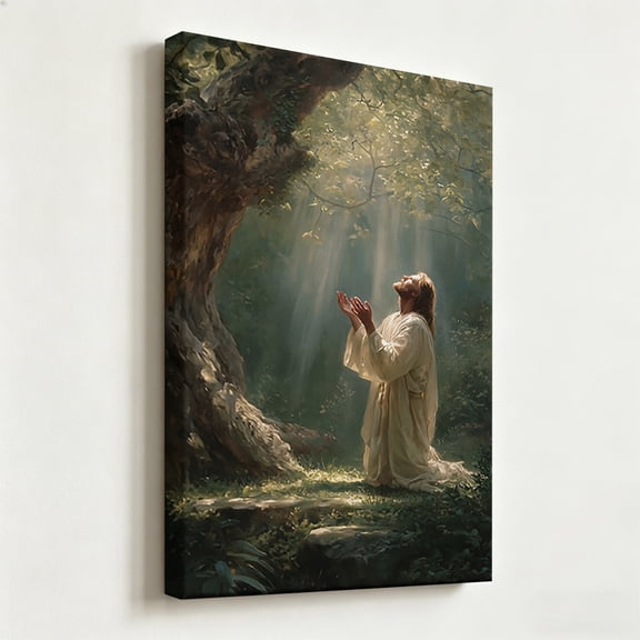 Vintage Christian Jesus Praying in Gethsemane Canvas Wall Art - Garden of Eden Light Rays Oil Painting Print - Matte Finish Gallery Wrapped Religious Decor Ready to Hang 8*12
