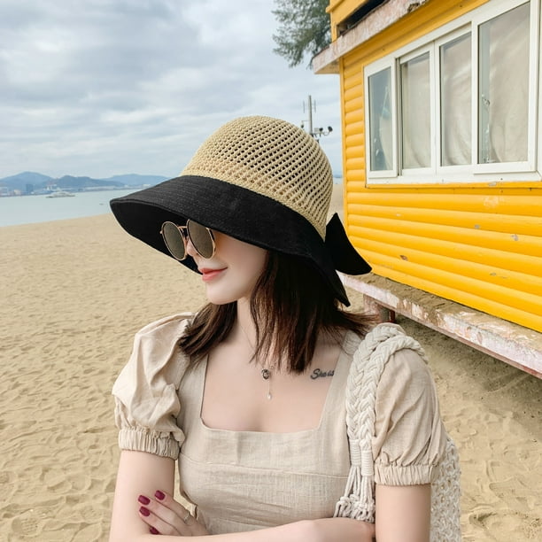 Hongchun Women's Floppy Sun Beach Straw Hat Upf 50+ (Black)