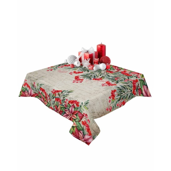 Square Tablecloth 54 x 54 Inches Christmas Poinsettia Red Berry Vintage Style Waterproof & Stain Resistance Table Cloth Decorative Fabric Table Cover for Dinning/Party/Buffet/Banquet