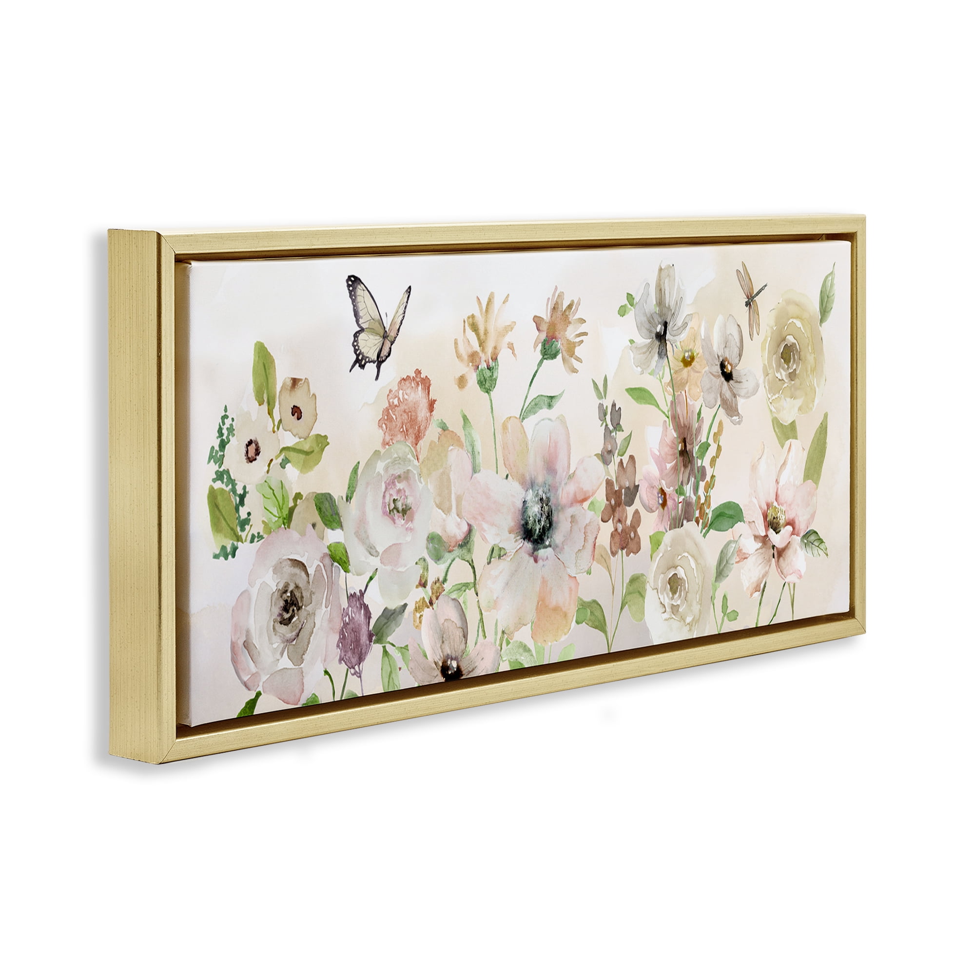 Stupell Industries Fluttering Insects & Florals Plants & Flowers Painting Gold Floater Framed Canvas Art Print Wall Art, 31 x 14