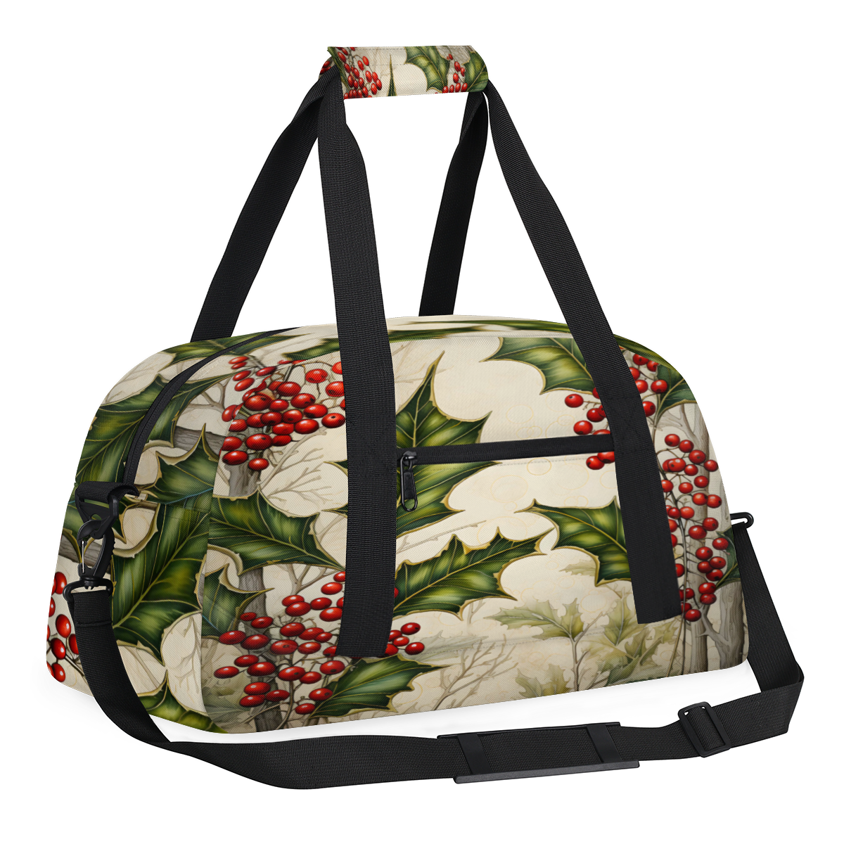 Herdesigns Christmas Sports Duffle Bag for Women & Men, Holly Berry Leaf Gym Bag Dance Bag Overnight Bag Carry On Weekender Travel Bag