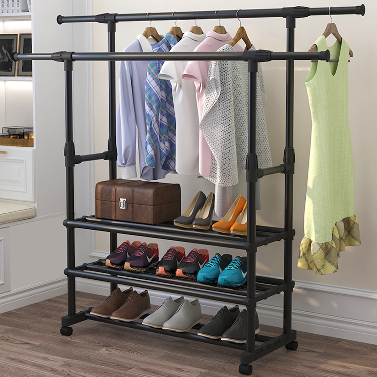 DOUBLE CLOTHES COAT RAIL GARMENT DRESS HANGING DISPLAY STAND SHOE RACK ON WHEELS 