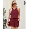 thumbnail image 2 of Conjuntos de 2 piezas para mujer, camisas halter con cuello alto y cuello alto de verano, color rojo vino, 2 of 6