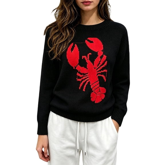 Womens Sweaters Lobster Jacquard Crew Neck Loose Casual Long Sleeve Tops Fall Winter Pullover Blouse Daily Wear
