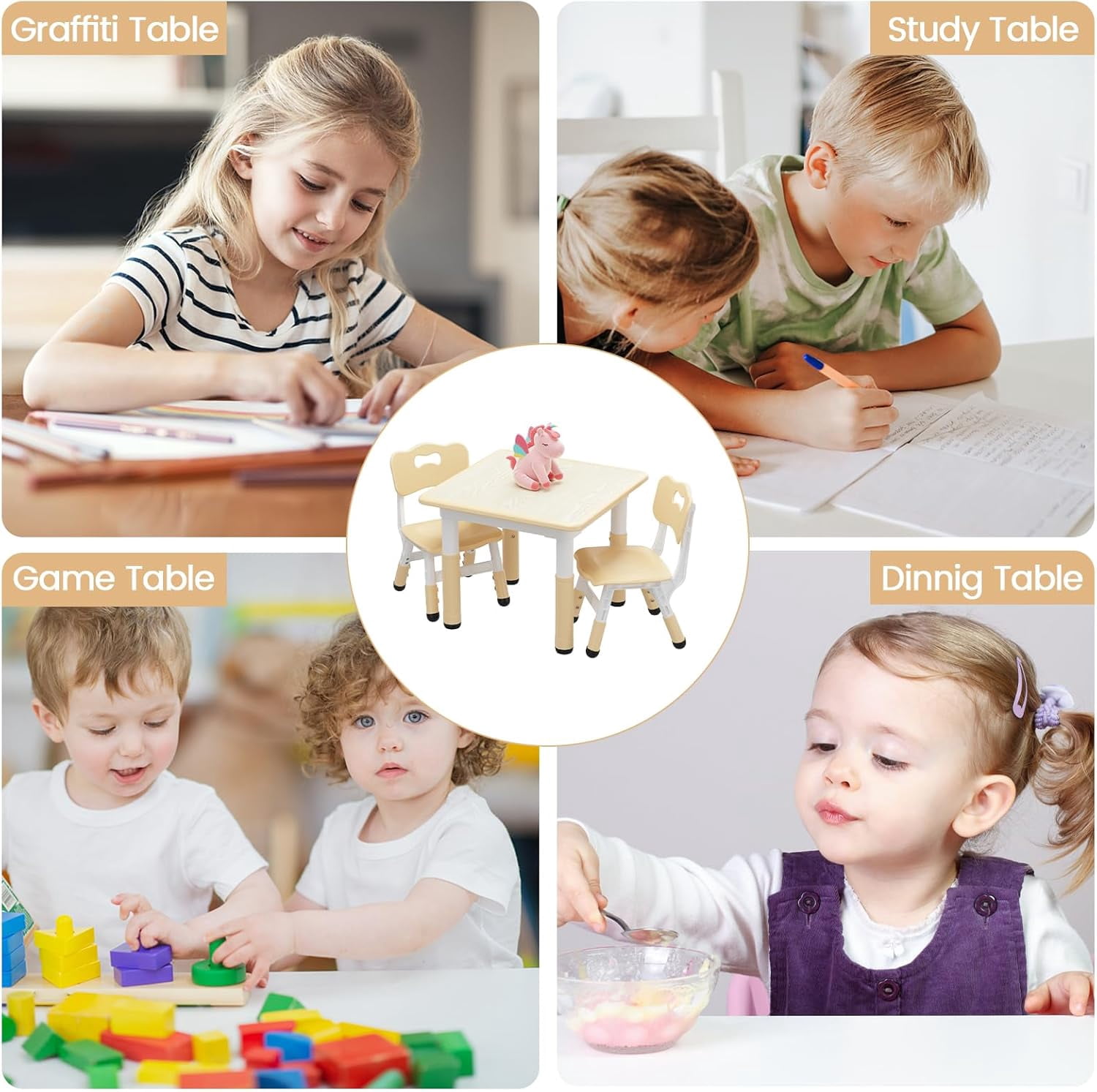 Eastvita Kids Table & 2 Chairs Set H Adj With Graffiti Desktop 4 In 1 Children Activity Table 23.6 By 23.6 By 19 in Durable Safe Materials Rounded Corners For Ages 2 To 10 Playroom Classroo