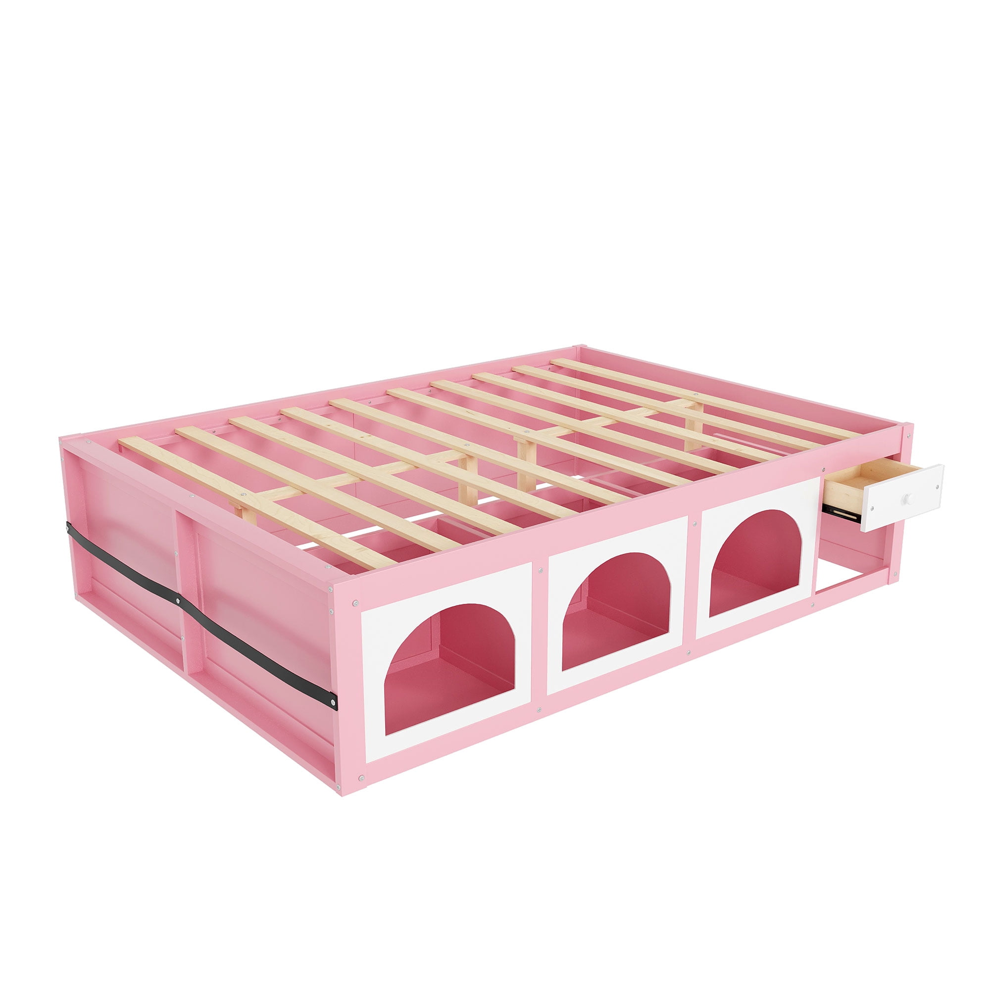 Mintazer Modern Queen Size Bed with Bookshelf and 3 Open Cubbies & Drawer, Platform Bed Frame with LED Light for Kids Bedroom, Pink & White