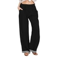 thumbnail image 3 of TaTaai Women All Season Striped Patchwork Wide Leg Pants Cotton Linen Casual Elastic Waist Loose Straight Trousers with Pockets Comfortable Daily Work Wear Gift, 3 of 9