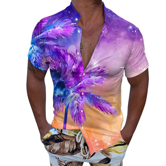 Camisas De Vestir Para Hombre Manga Corta Hombres Casual Manga corta Primavera Verano Turndown Neck 3D Impreso Camisas Moda Top Blusa Camisas (Purple, XL)