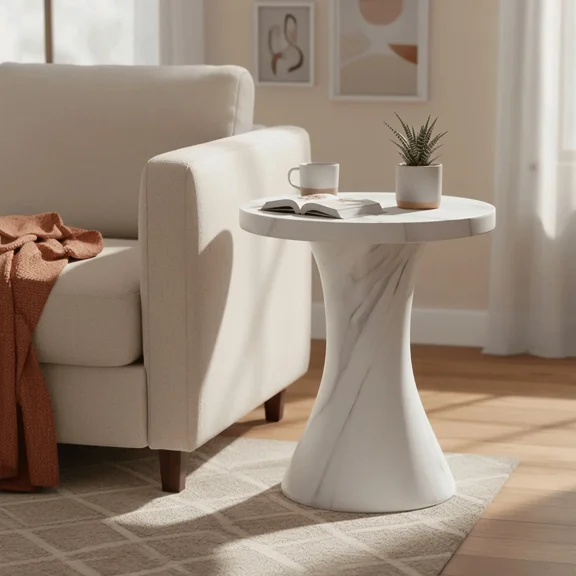 LeisureMod Isidra 19" Round Fiberstone Side Table with Marble-Inspired Finish and Flared Pedestal Base for Living Rooms, Patios, or Lounge Spaces