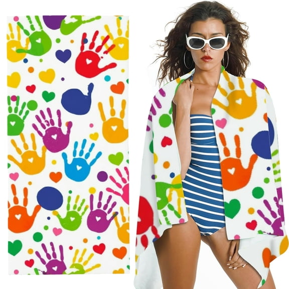 RKSupls Rainbow Handprint Heart Pattern Microfiber Beach Towel, Extra Large Quick Dry Lightweight Absorbent Towel for Travel Swimming Camping, Soft Super Absorbent- 30x60 in