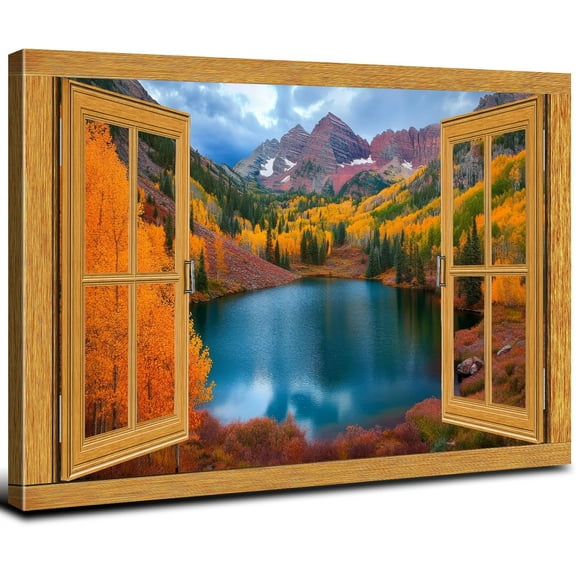 Colorado Forest Panoramic Pictures for Living Room Sunset Longs Peak Canvas Wall Art Fake Open Windows Mountains Range Scenery Painting Wall Decor Artwork Office Bedroom Kitchen Home Decoration12x16"