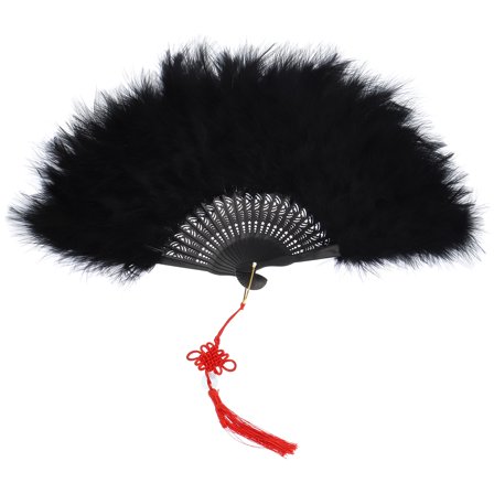 Feather Hand Fan Black Vintage Folding Fan with Chinese Knots