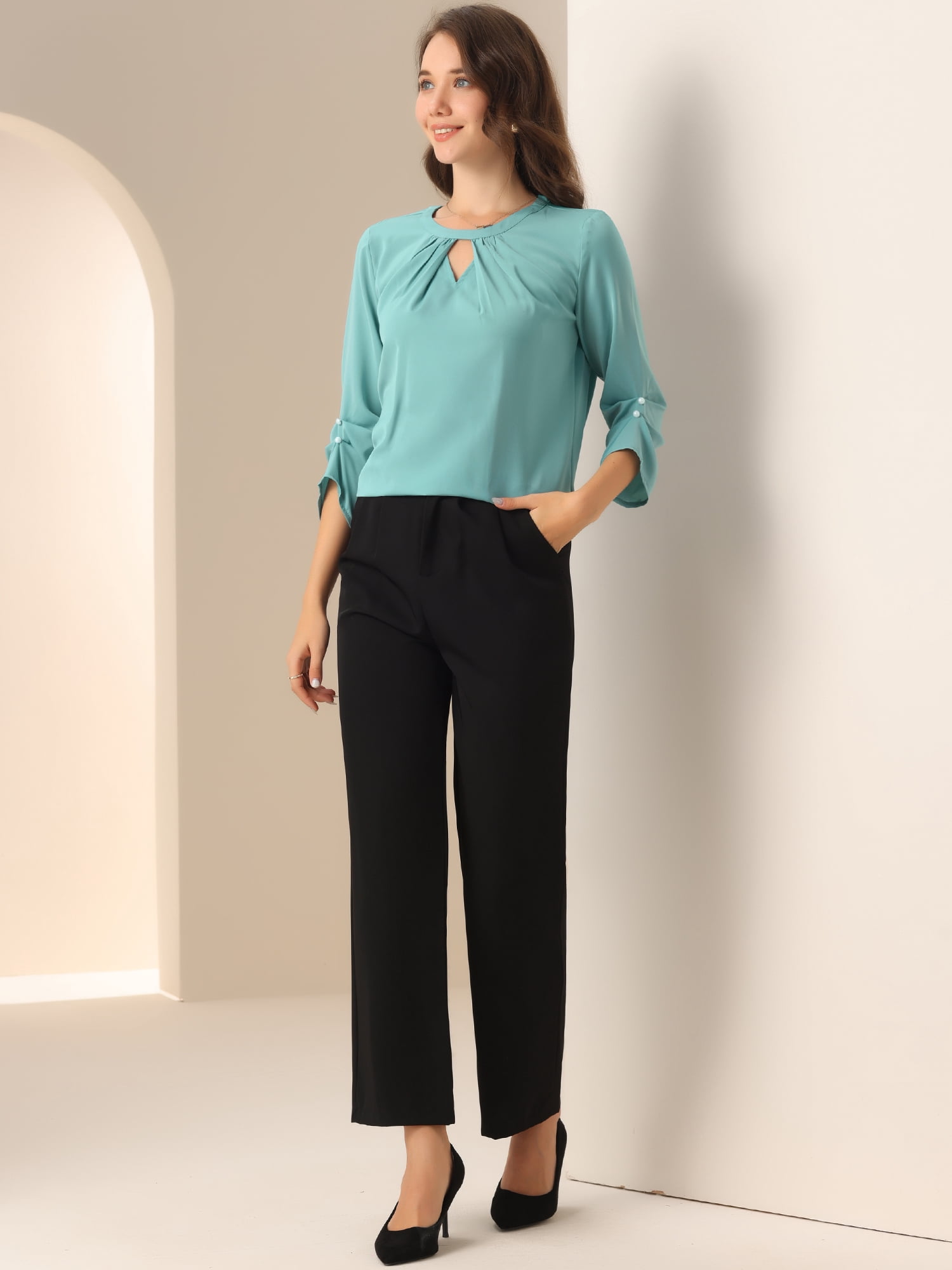 DARING DIVA 3/4 Sleeve Round Neck Keyhole Pleated Tops L Gray Green
