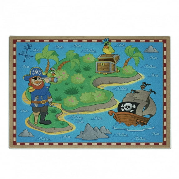 Island Map Cutting Board, Funny of Treasure Island with a Pirate Ship and Parrot Play Room, Decorative Tempered Glass Cutting and Serving Board, Small Size, Multicolor, by Ambesonne
