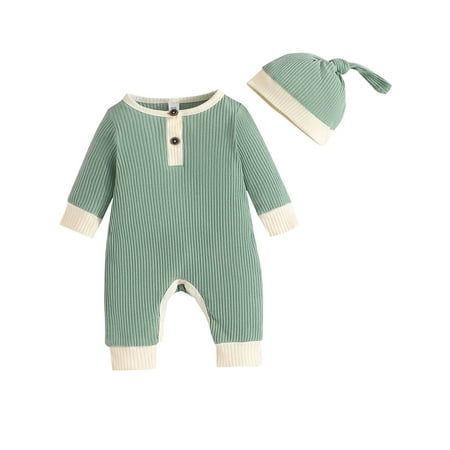 

Merqwadd Baby Girls Boys Rompers Patchwork Crew Neck Jumpsuits with Hat